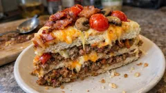 Lämmin voileipäkakku uunissa – mehevä jauheliha ja rapea pekoni samassa