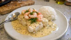 Turskan selkäfilee valkoviini-kermakastikkeessa – katkaravut kruunaavat