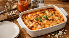 Mehevä broilerigratiini fetalla ja ajvarilla – helppo uuniruoka arkeen