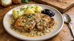 Uunissa haudutetut porsaan kotletit – kermainen kastike ja mustaherukkahyytelön twisti