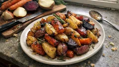 Joulupöydän uunijuurekset hunajalla ja rosmariinilla – karamelliset lohkot yhdellä pellillä