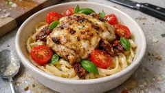 Mehevä kanagratini aurinkokuivatuilla tomaateilla – helppo uuniruoka pastalle