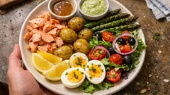 Lämminsavulohi kahdella kastikkeella – helppo juhlavati perunoilla ja parsalla