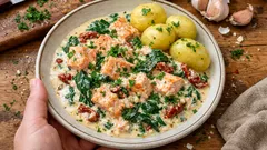 Lyxig lohipannu yhdellä pannulla – kermaista kastiketta, pinaattia ja parmesaania