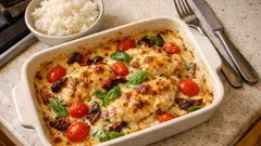 Kermainen kanagratin uunissa – dijon, valkosipuli ja soltorkatut tomaatit samassa vuoassa