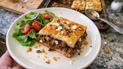 Pellillinen jauhelihapiirakka fetalla – rapea pohja ja mehevä täyte, helppo tehdä isolle porukalle