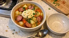 Nopea juures- ja makkarakeitto yhdestä kattilasta – sinappiranskankerma kruunaa