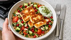 Matvehnä-halloumisalaatti pestojogurttikastikkeella – täyttävä ja nopea