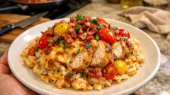 Kana–pekoniuunivuoka riisipohjalla: kermainen chilikastike ja rapea pekonipinta