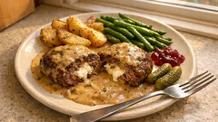 Chèvrellä täytetyt bistrojauhelihapihvit – ranskalainen pannukastike samasta paistoliemestä