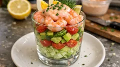 Klassinen katkarapucocktail Rhode Island -kastikkeella – helppo alkuruoka laseihin