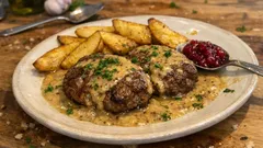 Mehevät jauhelihapihvit uunissa – kermainen sinappikastike samalla pannulla