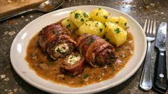 Lövbiff-ruladit tuorejuustolla ja pekonilla – silkkinen kermakastike pienellä twistillä