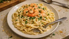 Krämig katkarapupasta valkoviinillä – täyteläinen arki-illallinen noin 30 minuutissa