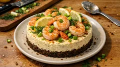 Räkächeesecake kavringpohjalla – näyttävä suolainen kakku ilman uunia