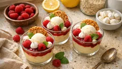 Raikas sitruunamousse vadelmakastikkeella – näyttävä annosjälkiruoka juhliin